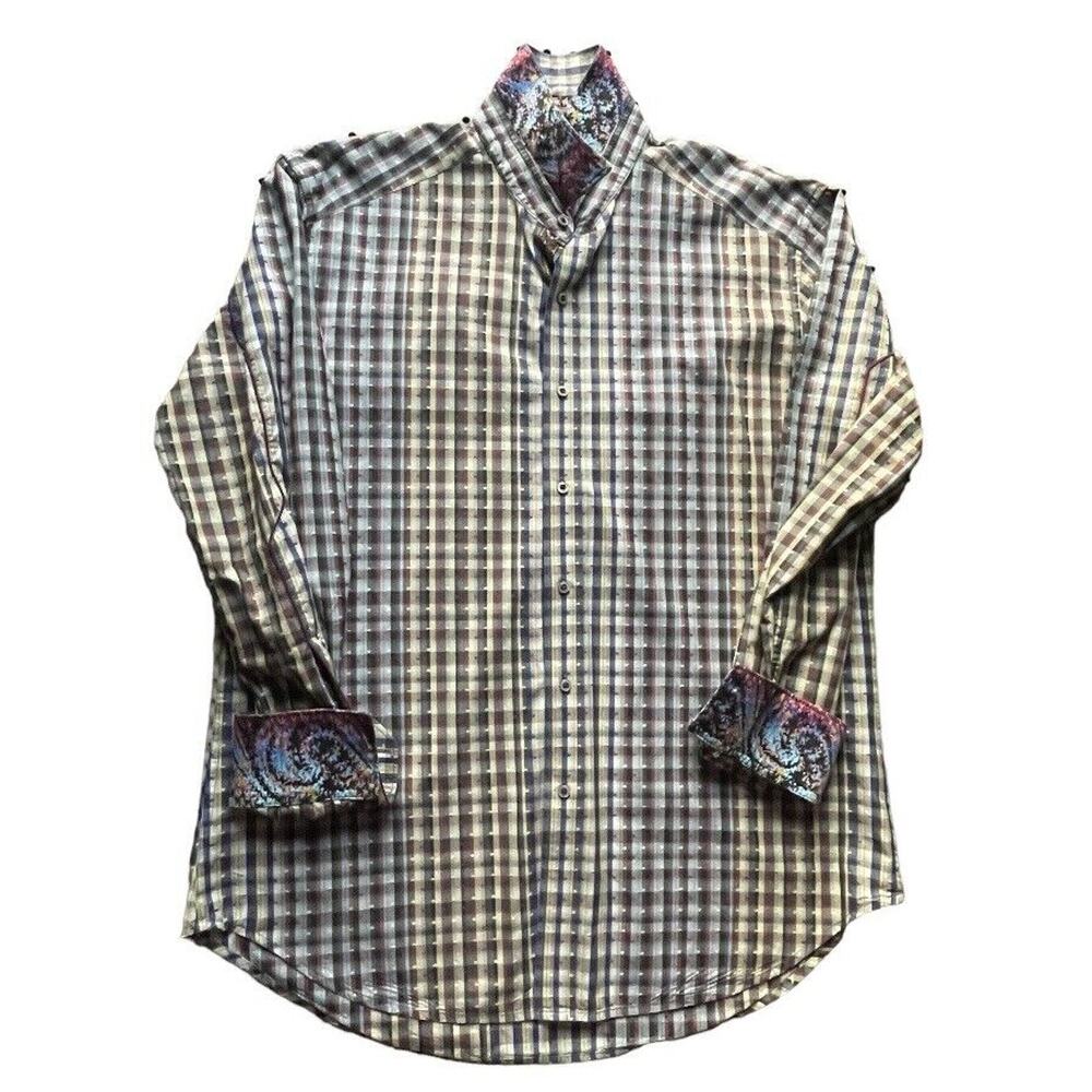 Robert Graham Button Up Shirt Mens Large Brown Flip Cuff Check Plaid Jacquard
